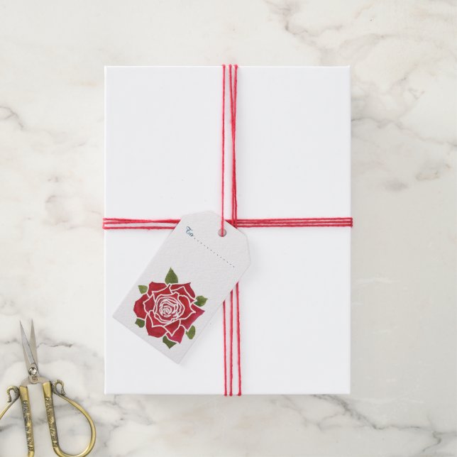 Étiquettes-cadeau Roses rouges romantiques, Pack bleu sur les étique (Avec de la ficelle)