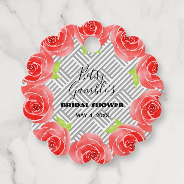 Étiquettes Cadeau Roses Rouges sur Bande Noire et Blanche pour Fête  (Devant)