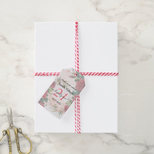 Étiquettes-cadeau Roses rouges Vintage 21 Anniversaire (Avec de la ficelle)