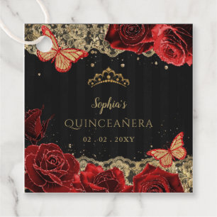 Étiquettes Cadeau Roses rouges vintages dentelle d'or noir Quinceañe