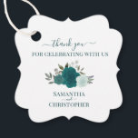 Étiquettes Cadeau Roses turquoises et turquoise Merci de mariage élé<br><div class="desc">Ces belles étiquettes de faveur sont parfaites pour remercier les invités spéciaux ou les membres de votre mariage. Elles présentent un beau design boho chic rustique avec vos noms et la date mariage avec un joli ensemble de roses aquarelles peints à la main et feuillage dans les tons turquoises et...</div>