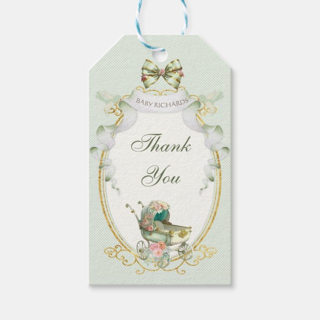 Étiquettes-cadeau Roses Vert Doré Gingham de Carrosse Antique  (Devant)