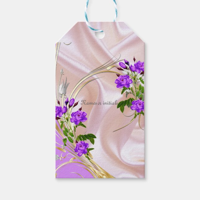 Étiquettes-cadeau Roses violets d'aquarelle violette sur soie rose (Devant)