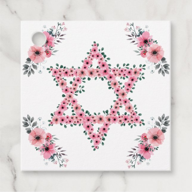Étiquettes Cadeau Rosh Hashanah Étoile de David Rose Fleur Blanche (Devant)