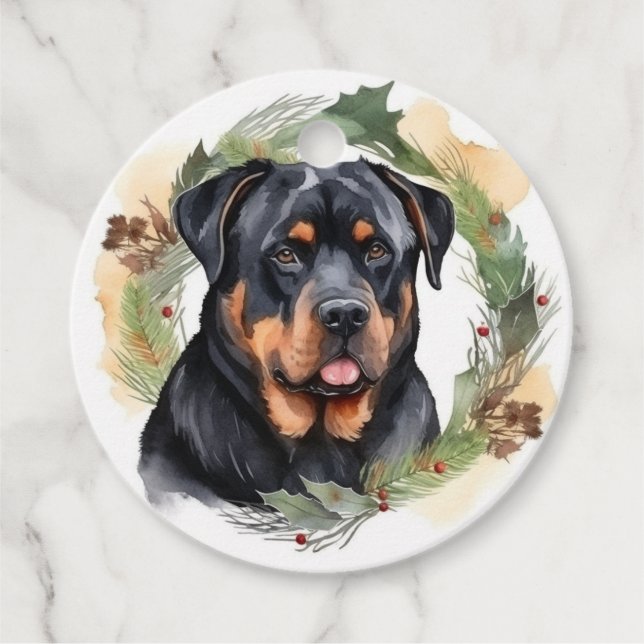 Étiquettes Cadeau Rottweiler Christmas Wreath Festive Pup (Devant)