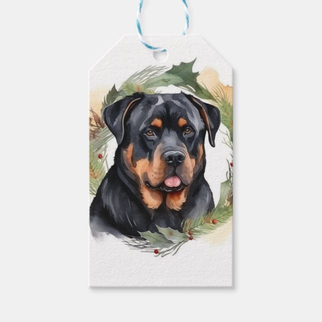 Étiquettes-cadeau Rottweiler Christmas Wreath Festive Pup (Devant)