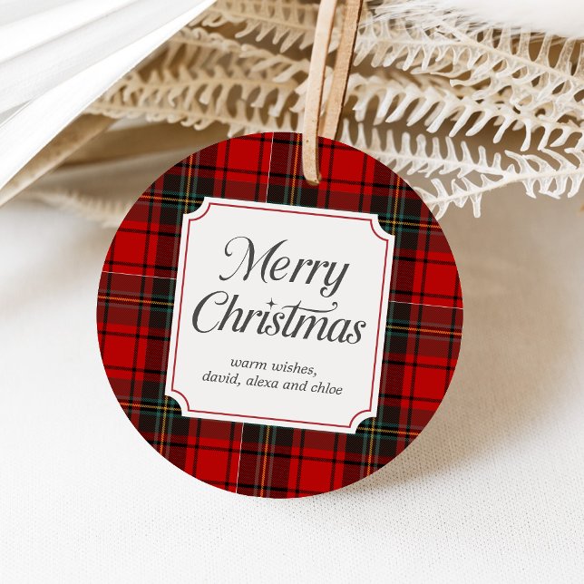 Étiquettes Cadeau Rouge à carreaux Joyeux Noël Rond (Red Plaid Modern Merry Christmas Holiday Favor Tags)