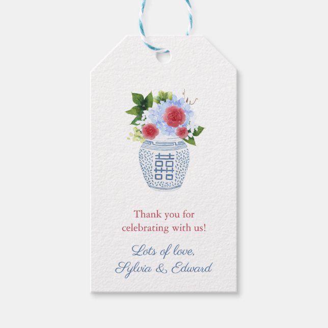 Étiquettes-cadeau Rouge Blanc Bleu Fleurs Ginger Jar Baby shower (Devant)