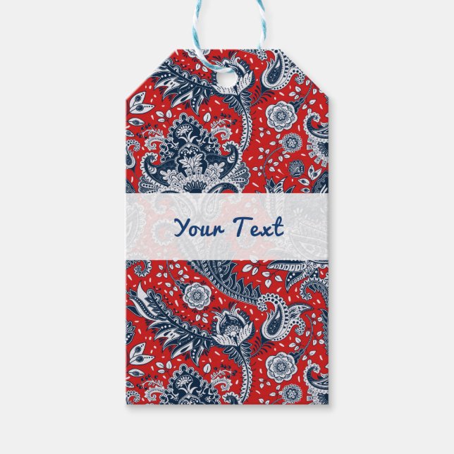 Étiquettes-cadeau Rouge Blanc & Bleu Floral Paisley Bohème Boho (Devant)
