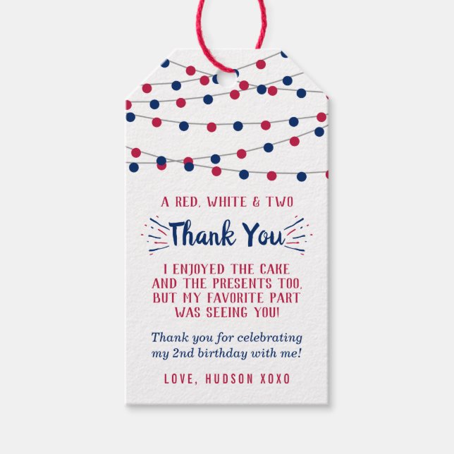Étiquettes-cadeau Rouge, Blanc & Deux ! 4 juillet fête du 2e anniver (Devant)