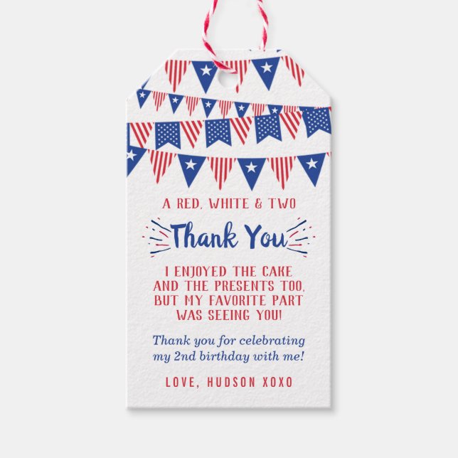 Étiquettes-cadeau Rouge, Blanc & Deux ! 4 juillet fête du 2e anniver (Devant)