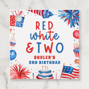 Étiquettes Cadeau Rouge, Blanc & Deux Fête d'anniversaire pour les 2