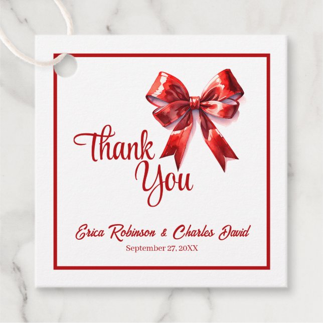 Étiquettes Cadeau Rouge Coquette Ruban Bow Merci mariage Faveur (Devant)