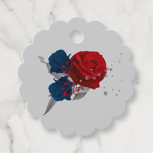 Étiquettes Cadeau rouge et bleu marine fleurs gris marque de faveur (Devant)