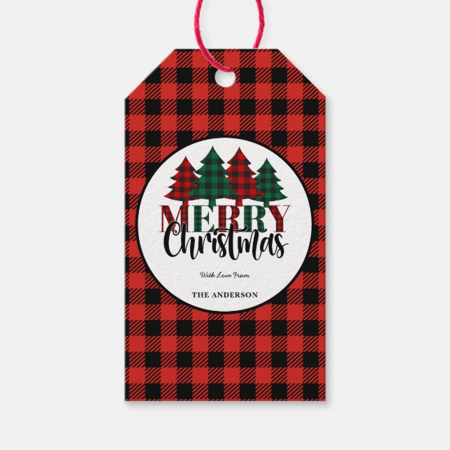 Étiquettes-cadeau Rouge et vert Buffalo Plaid Motif Joyeux Noël (Devant)