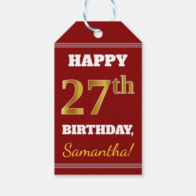 Étiquettes-cadeau Rouge, Faux Gold 27e anniversaire + Nom personnali (Devant)