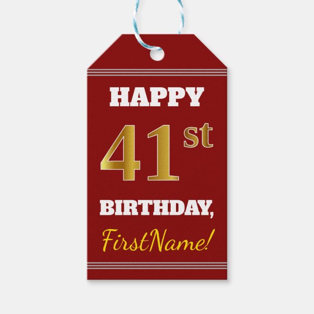 Étiquettes-cadeau Rouge, Faux Gold 41e anniversaire + Nom personnali (Devant)