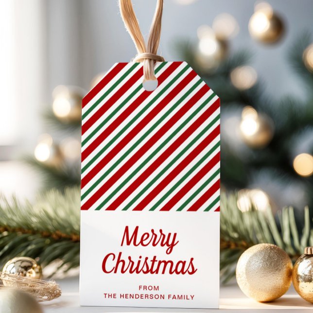 Étiquettes-cadeau Rouge festif vert rayé de Noël (Festive Red Green Striped Christmas Gift Tags)