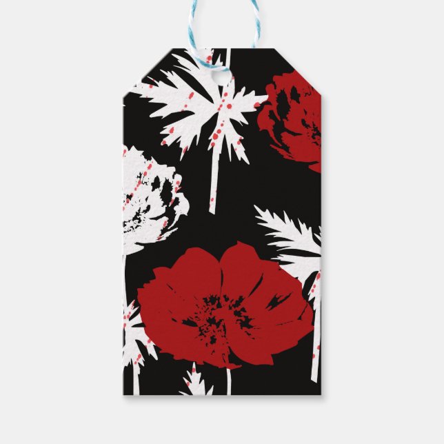 Étiquettes-cadeau Rouge, fleurs blanches sur noir (Devant)