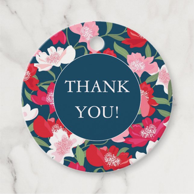 Étiquettes Cadeau Rouge Floral Coloré Bleu Merci (Devant)
