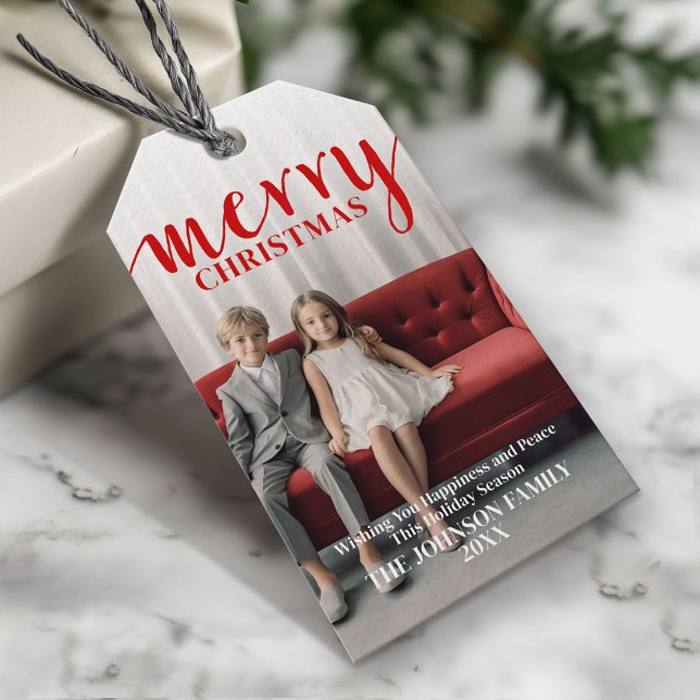Étiquettes-cadeau Rouge Merry Calligraphie - vertical Photo blanc ty (Custom Photo Gift Tag - Add your pictures and text)