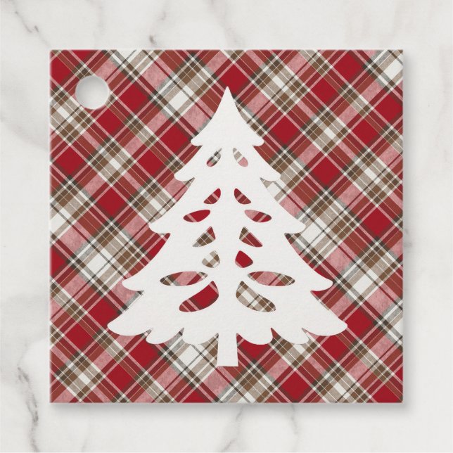 Étiquettes Cadeau Rouge, Mocha & Crème Plaid avec arbre (Devant)