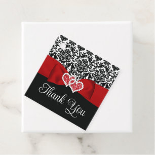 Étiquettes Cadeau Rouge, Noir, Blanc Damas Amour Coeurs Mariage
