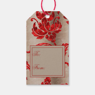 Étiquettes-cadeau Rouge Or Velours Faux Damassé Élégant