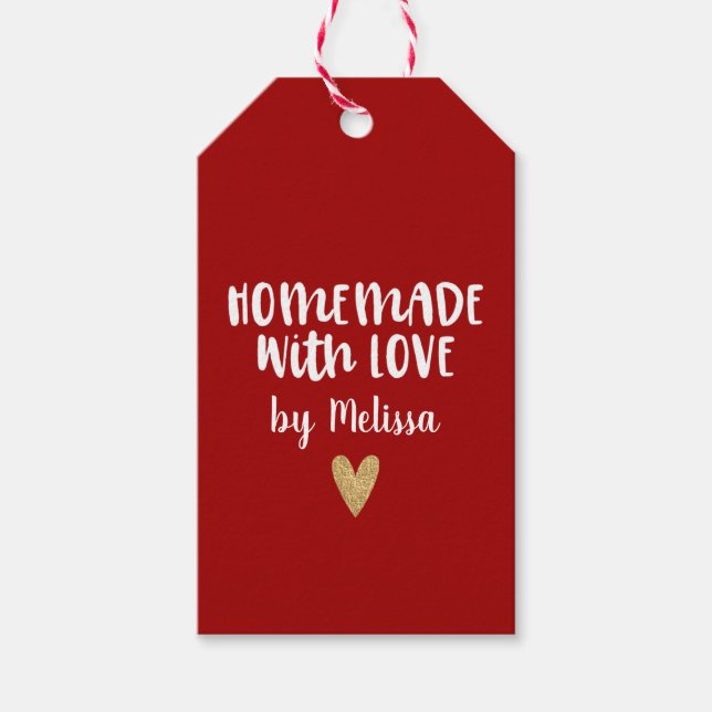Étiquettes-cadeau Rouge Personnalisé Faite Maison Avec Amour Coeur (Devant)