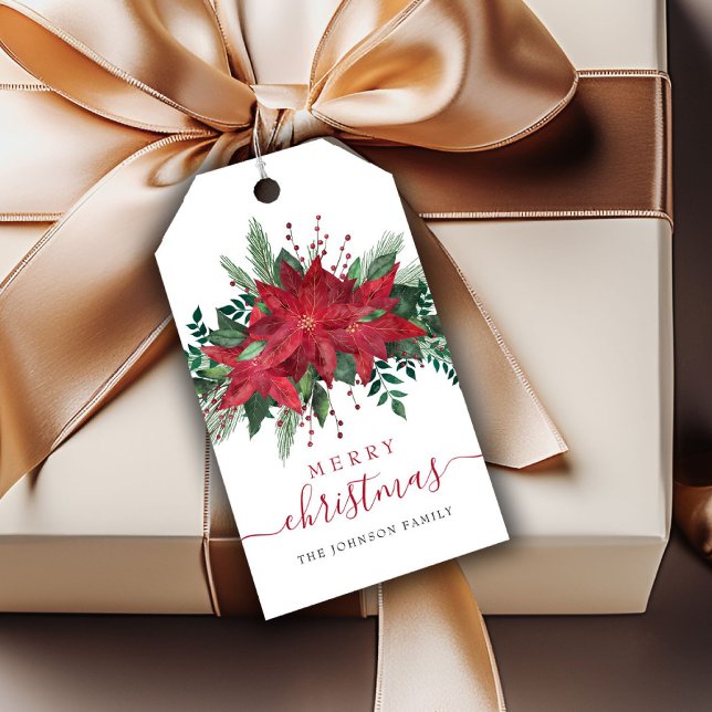 Étiquettes-cadeau Rouge Poinsettia Floral Script Noël (Red Poinsettia Floral Script Christmas Gift Tags)