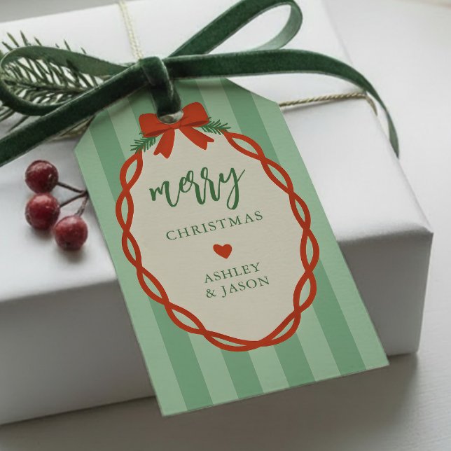 Étiquettes-cadeau Rouge rayé chic & Noël rétro vert joyeux Noël (Créateur téléchargé)