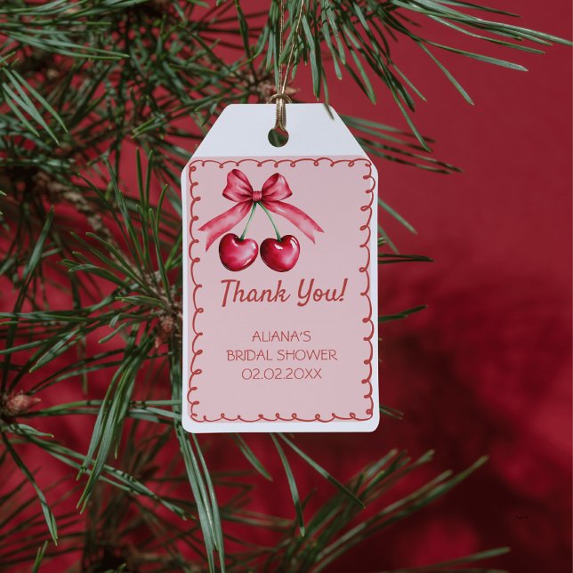 Étiquettes-cadeau Rouge Rose Mignon Nœud Cerise sur le Haut Shower d (Créateur téléchargé)