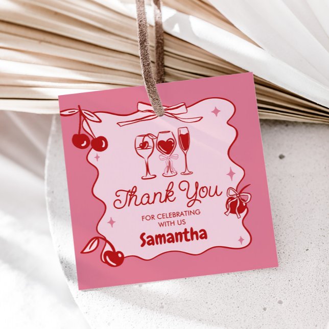 Étiquettes Cadeau Rouge rose roux foncé Trente Carré de fête d'anniv (Hand Drawn Cherry Dirty Thirty Birthday Party Favor Tags)