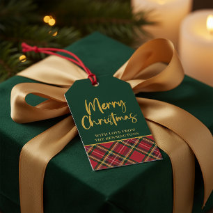 Étiquettes-cadeau Rouge Vert Plaid Gold Foil Script Joyeux Noël
