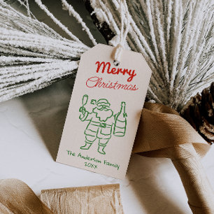 Étiquettes-cadeau Rouge Vert Retro Noël Dessiné à la Main Père Noël
