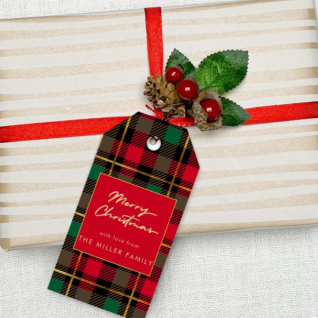 Étiquettes-cadeau Rouge vert Tartan Plaid Minimal Élégant (Red Green Tartan Plaid Minimal Elegant Gift Tags)
