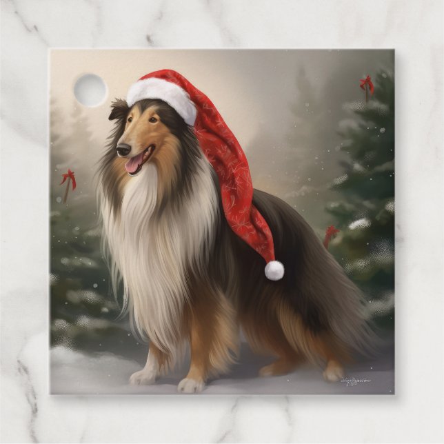 Étiquettes Cadeau Rough Collie Chien dans la neige Noël (Devant)