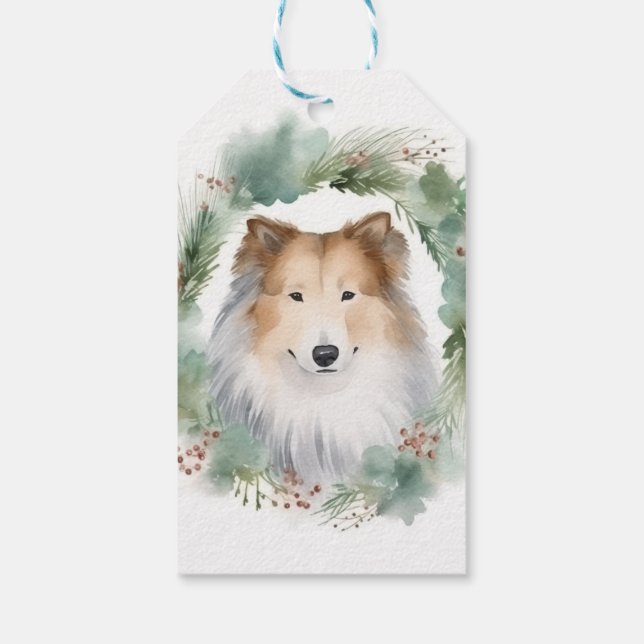 Étiquettes-cadeau Rough Collie Christmas Wreath Festive Pup (Dos)