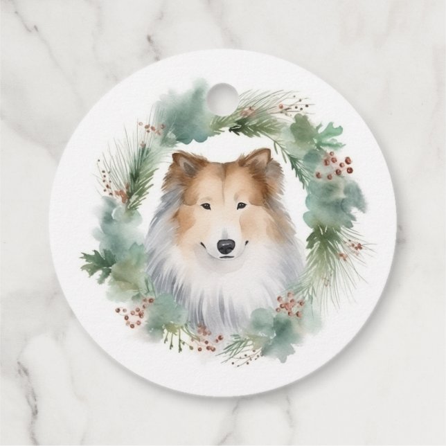 Étiquettes Cadeau Rough Collie Christmas Wreath Festive Pup (Dos)