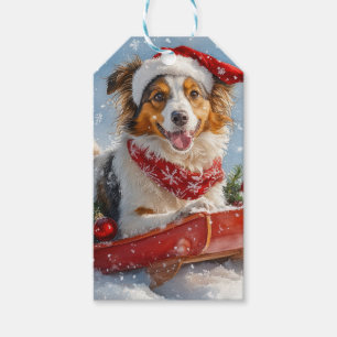 Étiquettes-cadeau Rough Collie Dog in Sledge Let Snow Christmas