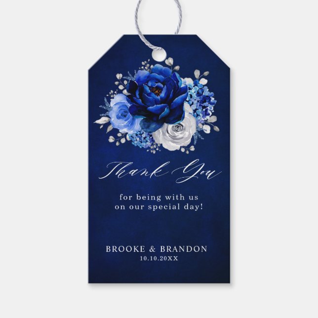 Étiquettes-cadeau Royal Bleu Blanc Argent Métallo Mariage Floral (Devant)
