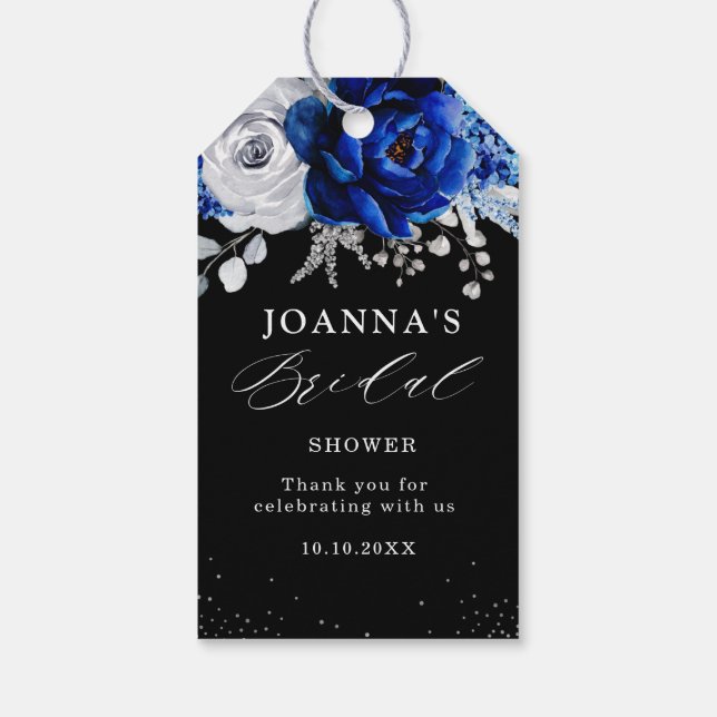 Étiquettes-cadeau Royal Bleu Blanc Métallurier Argent Floral Mariage (Dos)