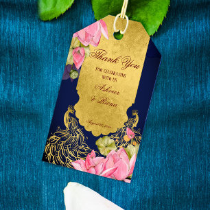 Étiquettes-cadeau Royal bleu or paon lotus mariage indien