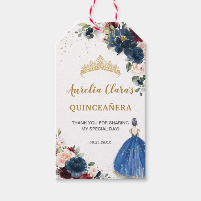 Étiquettes-cadeau Royal Blue Blush Floral Quinceañera Princess Favor (Devant)