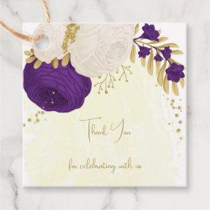 Étiquettes Cadeau royal violet & fleurs blanches or mariage