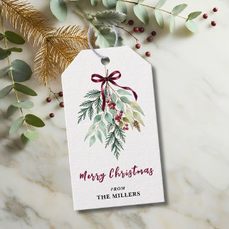 Étiquettes-cadeau Ruban bordeaux de verdure de Noël aquarelle