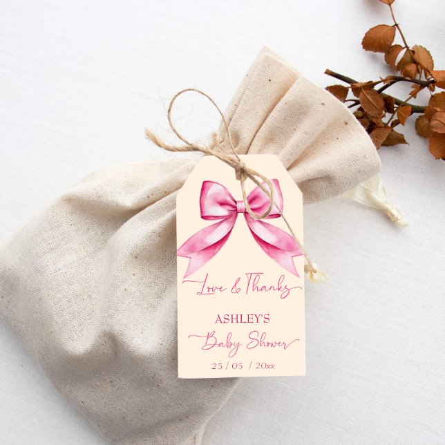 Étiquettes-cadeau Ruban rose baby shower mignon merci préférez (Pink bow ribbon baby shower cute thank you favor gift tags blush pink bow favor tags)