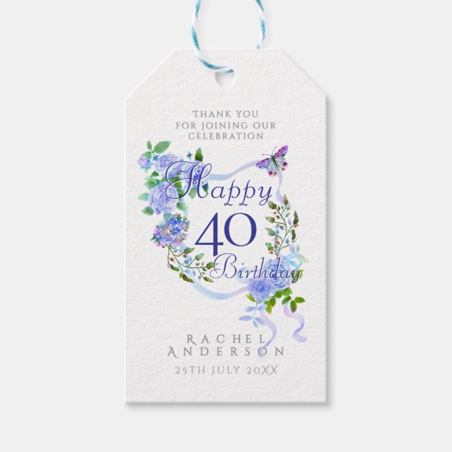 Étiquettes-cadeau Ruban Rose Bleue 40e Anniversaire (Devant)