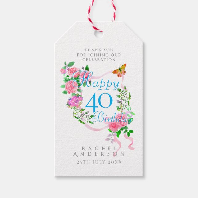 Étiquettes-cadeau Ruban Rose Rose 40e Anniversaire (Devant)