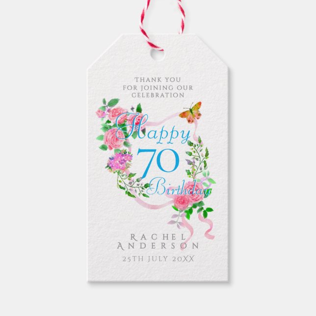 Étiquettes-cadeau Ruban Rose Rose 70e Anniversaire (Devant)